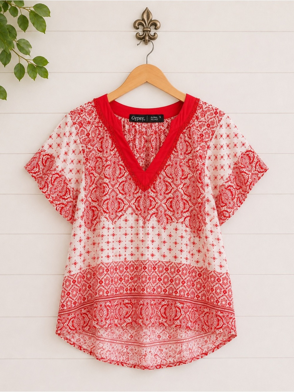 Gypsy 05 red white boho chic bohemian top blouse S